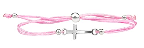 Milosa Armband Rosa mit Silber Kreuz | Konfirmations-Armband mit größenverstellbarem Textil-Band, Geschenk für Kinder zur Firmung, Kommunion oder Erstkommunion, handgemachtes Kreuz-Armband von Milosa