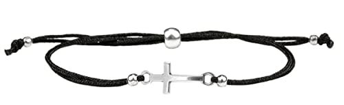 Milosa Armband Schwarz mit Silber Kreuz | Konfirmations-Armband mit größenverstellbarem Textil-Band, Geschenk für Kinder zur Firmung, Kommunion oder Erstkommunion, handgemachtes Kreuz-Armband von Milosa