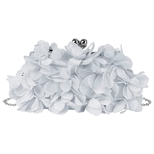 Milya Damen Clutch Blumen Elegante Brauttasche Hochzeit Party Kleidertasche Abendtasche Handtasche mit Kette Kiss Lock, Silber von Milya