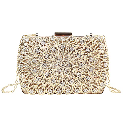 Milya Damen Glitzer Clutch Abendtasche, Strass Handtasche Hochzeit Party Unterarmtasche Umhängetasche Schultertasche mit Ketten Gurt, Gold von Milya