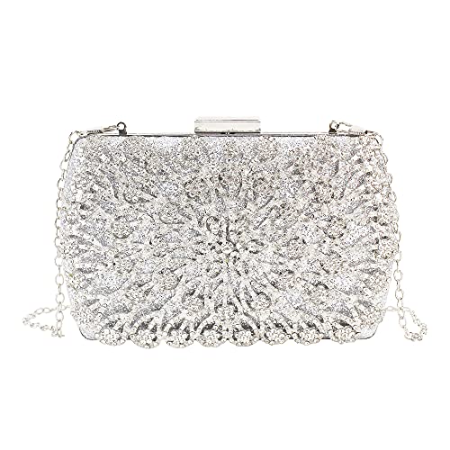 Milya Damen Glitzer Clutch Abendtasche, Strass Handtasche Hochzeit Party Unterarmtasche Umhängetasche Schultertasche mit Ketten Gurt, Silber von Milya