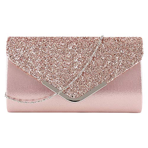 Milya Damen Glitzer Clutch Strass Abendtasche, Braut Envelope Handtasche Hochzeit Party Unterarmtasche Umhängetasche Schultertasche mit Schulterkette, Rosa von MilyaDE