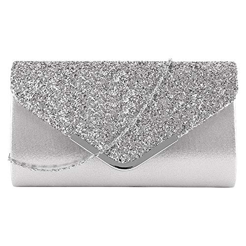 Milya Damen Glitzer Clutch Strass Abendtasche, Braut Envelope Handtasche Hochzeit Party Unterarmtasche Umhängetasche Schultertasche mit Schulterkette, Silber von MilyaDE