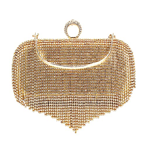 Milya Damen Glitzer Clutch Strass Fransen Abendtasche, Braut Handtasche Hochzeit Party Umhängetasche Schultertasche mit Griff Schulterkette, Gold von Milya