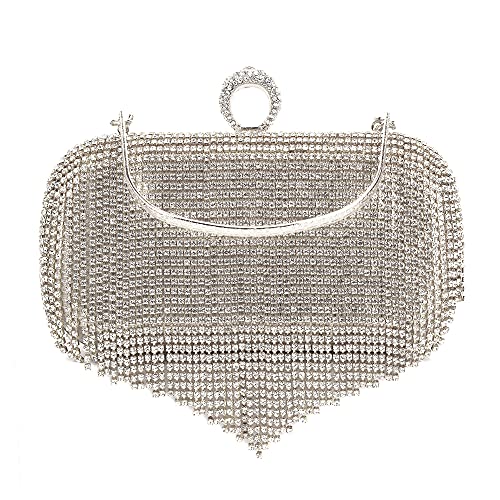 Milya Damen Glitzer Clutch Strass Fransen Abendtasche, Braut Handtasche Hochzeit Party Umhängetasche Schultertasche mit Griff Schulterkette, Silber von Milya