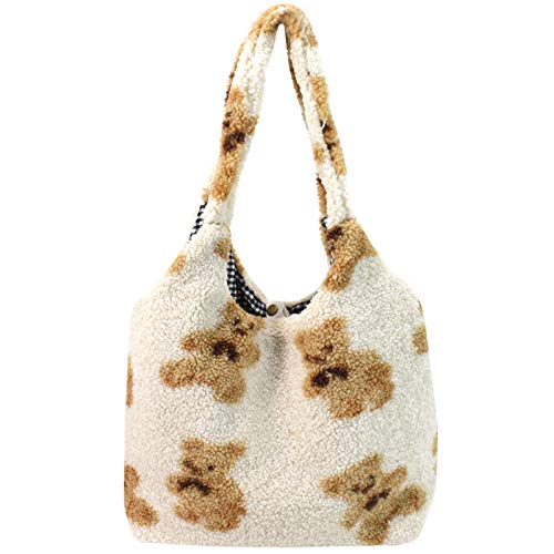 Milya Damen Mädchen Süße Bär Plüsch Umhängetasche Flauschige Schultertasche Große Kapazität Tote Handtasche Einkauftasche, Beige von Milya