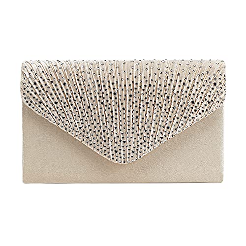 Milya Damen Satin Glitzer Clutch Abendtasche, Strass Envelope Handtasche Hochzeit Party Unterarmtasche Umhängetasche Schultertasche mit Schulterkette, Beige von Milya