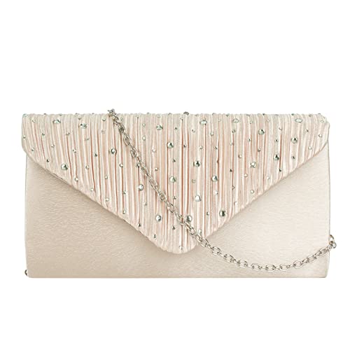 Milya Damen Satin Glitzer Clutch Abendtasche, Strass Envelope Handtasche Hochzeit Party Unterarmtasche Umhängetasche Schultertasche mit Schulterkette, Hellbeige von Milya