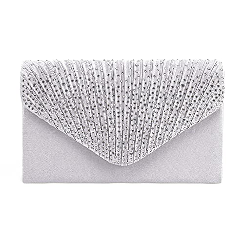 Milya Damen Satin Glitzer Clutch Abendtasche, Strass Envelope Handtasche Hochzeit Party Unterarmtasche Umhängetasche Schultertasche mit Schulterkette, Silber von Milya