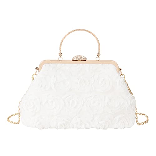 MilyaDE Damen Clutch Blumen Elegante Brauttasche Hochzeit Party Kleidertasche Abendtasche Handtasche mit Kette Handgriff Kiss Lock, Weiß von MilyaDE