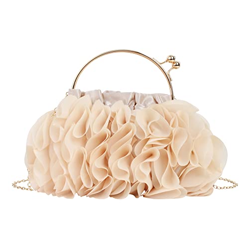 MilyaDE Damen Clutch Satin Blumen Elegante Brauttasche Hochzeit Party Kleidertasche Abendtasche Handtasche mit Kette Kiss Lock, Dunkelbeige von MilyaDE