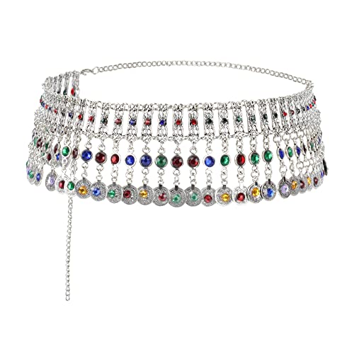 MilyaDE Damen Fransen Kettengürtel Metall Bauchtanz Münzgürtel Kristall Taillengürtel Bauchkette Hüftgurt, 75-107cm Silber von MilyaDE