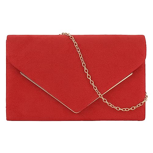 MilyaDE Damen Kunst Wildleder Clutch Abendtasche, Braut Handtasche Hochzeit Party Unterarmtasche Umhängetasche Schultertasche mit Schulterkette, Rot von MilyaDE