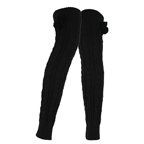 MilyaDE Damen Lange Winter Gestrickte Stulpen mit Pompon, Beinwärmer Overknee Strümpfe Legwarmers Beinstulpen Kniestrümpfe, Schwarz von MilyaDE