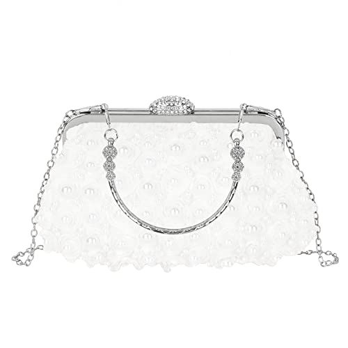 MilyaDE Damen Perlen Blumen Clutch Strass Hochzeit Braut Brautjungfer Handtasche Party Abendtasche Umhängetasche mit Handgriff Kette Gurt, Weiß von MilyaDE