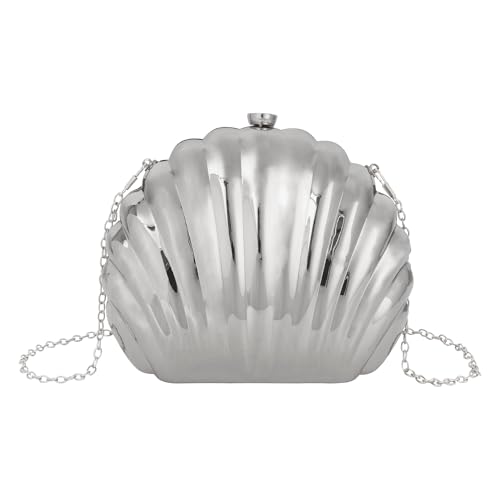 MilyaDE Metallisch Muschel Clutch Damen Mini Glänzend Handtasche Geldbörse Schultertasche Umhängetasche mit Ketten, Silber von MilyaDE