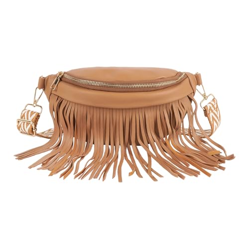 MilyaDE PU Leder Hüfttasche Fransen Bauchtasche Schultertasche Umhängetasche mit Breitem Hüftgurt, Braun von MilyaDE