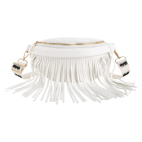 MilyaDE PU Leder Hüfttasche Fransen Bauchtasche Schultertasche Umhängetasche mit Breitem Hüftgurt, Weiß von MilyaDE