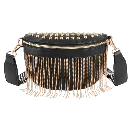 MilyaDE PU Leder Hüfttasche Golden Fransen Nieten Bauchtasche Schultertasche Umhängetasche mit Hüftgurt von MilyaDE