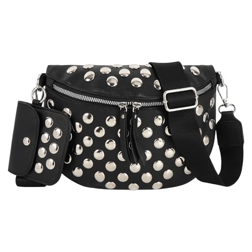 MilyaDE PU Leder Hüfttasche Nieten Bauchtasche Schultertasche Umhängetasche mit Breitem Hüftgurt, Schwarz von MilyaDE