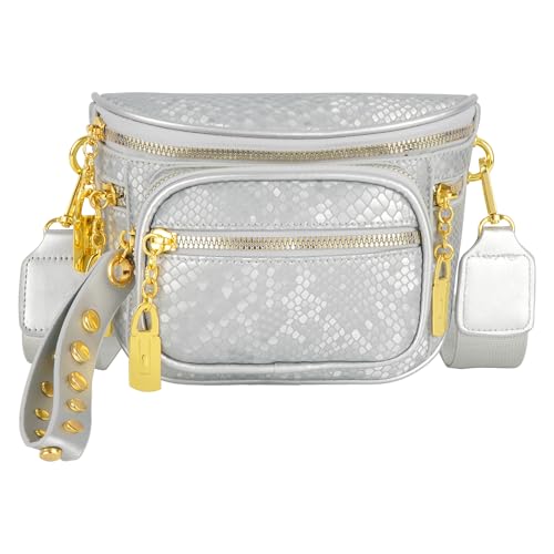 MilyaDE PU Leder Hüfttasche Nieten Bauchtasche Schultertasche Umhängetasche mit Breitem Hüftgurt, Silber MilyaDE PU Leder Hüfttasche Nieten Bauchtasche Schultertasche Umhängetasche mit Breitem Hüftgurt, Silber von MilyaDE