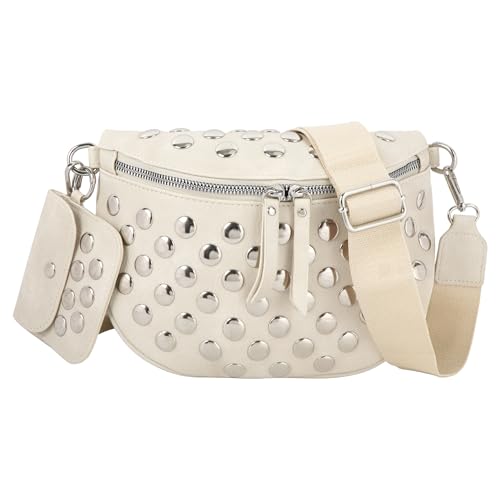 MilyaDE PU Leder Hüfttasche Nieten Bauchtasche Schultertasche Umhängetasche mit Breitem Hüftgurt, Weiß von MilyaDE