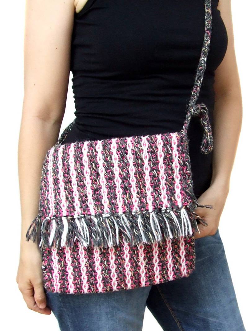 Handgewebte Handtasche Handgemachte Tasche Frauen Kleine Wolle Baumwolle Umhängetasche Boho Hand Gewebte Handtaschen Geldbörsen Rosa Grau Weiß von MimaHandwovens