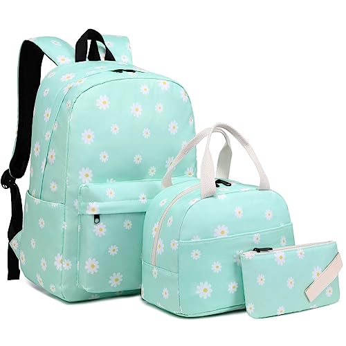 Mimfutu Schulrucksack Mädchen Rucksack Schule Kinder Schultasche Teenager Schulranzen mit Lunch Tasche Federmäppchen (Blumen Grün) von Mimfutu