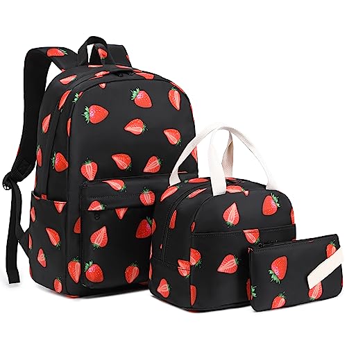 Mimfutu Schulrucksack Mädchen Rucksack Schule Kinder Schultasche Teenager Schulranzen mit Lunch Tasche Federmäppchen (Erdbeere) von Mimfutu