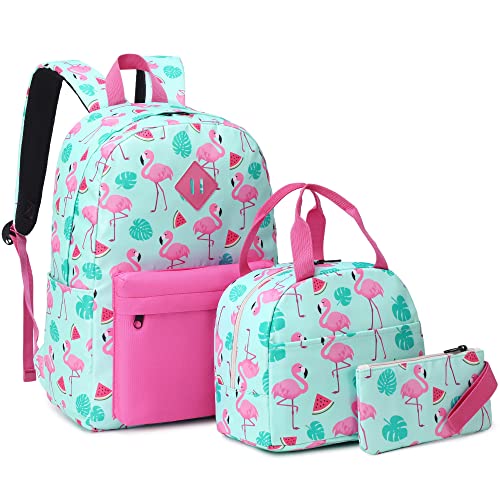 Mimfutu Schulrucksack Mädchen Rucksack Schule Kinder Schultasche Teenager Schulranzen mit Lunch Tasche Federmäppchen (Flamingo) von Mimfutu