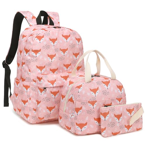 Mimfutu Schulrucksack Mädchen Rucksack Schule Kinder Schultasche Teenager Schulranzen mit Lunch Tasche Federmäppchen (Fuchs Rosa) von Mimfutu