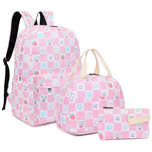 Mimfutu Schulrucksack Mädchen Rucksack Schule Kinder Schultasche Teenager Schulranzen mit Lunch Tasche Federmäppchen (Karierter Bär Rosa) von Mimfutu