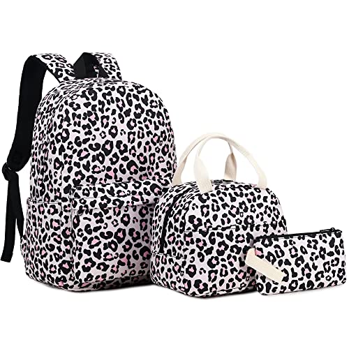 Mimfutu Schulrucksack Mädchen Rucksack Schule Kinder Schultasche Teenager Schulranzen mit Lunch Tasche Federmäppchen (Leopard) von Mimfutu