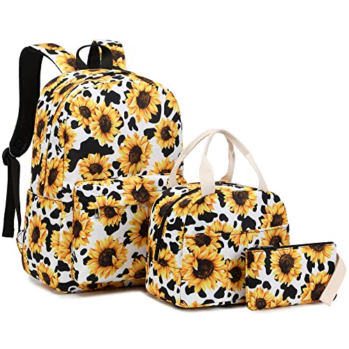 Mimfutu Schulrucksack Mädchen Rucksack Schule Kinder Schultasche Teenager Schulranzen mit Lunch Tasche Federmäppchen (Sonnenblume Kuh Druck) von Mimfutu