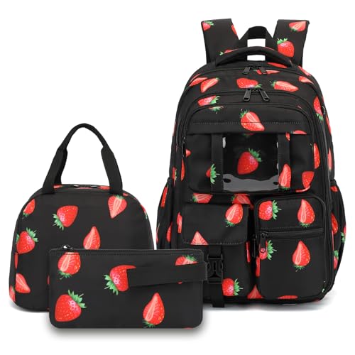 Mimfutu Schulrucksack für Mädchen, 3-teiliges Kinder-Büchertaschen-Set, Schultaschen, Rucksack mit Lunchbox und Federmäppchen, Erdbeere, Large Mimfutu Schulrucksack für Mädchen, 3-teiliges Kinder-Büchertaschen-Set, Schultaschen, Rucksack mit Lunchbox und Federmäppchen, Erdbeere, Large von Mimfutu