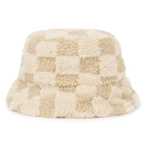 Mimfutu Winter Fischerhut Fluffy Bucket Hat für Damen Herren (Kariert Beige) von Mimfutu