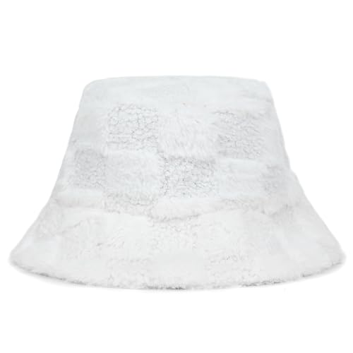 Mimfutu Winter Fischerhut Fluffy Bucket Hat für Damen Herren (Kariert Weiß) von Mimfutu