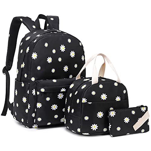 Mimfutu Blume Schwarz Schulrucksack Mädchen Rucksack Schule Kinder Schultasche Teenager Schulranzen mit Lunch Tasche Federmäppchen von Mimfutu