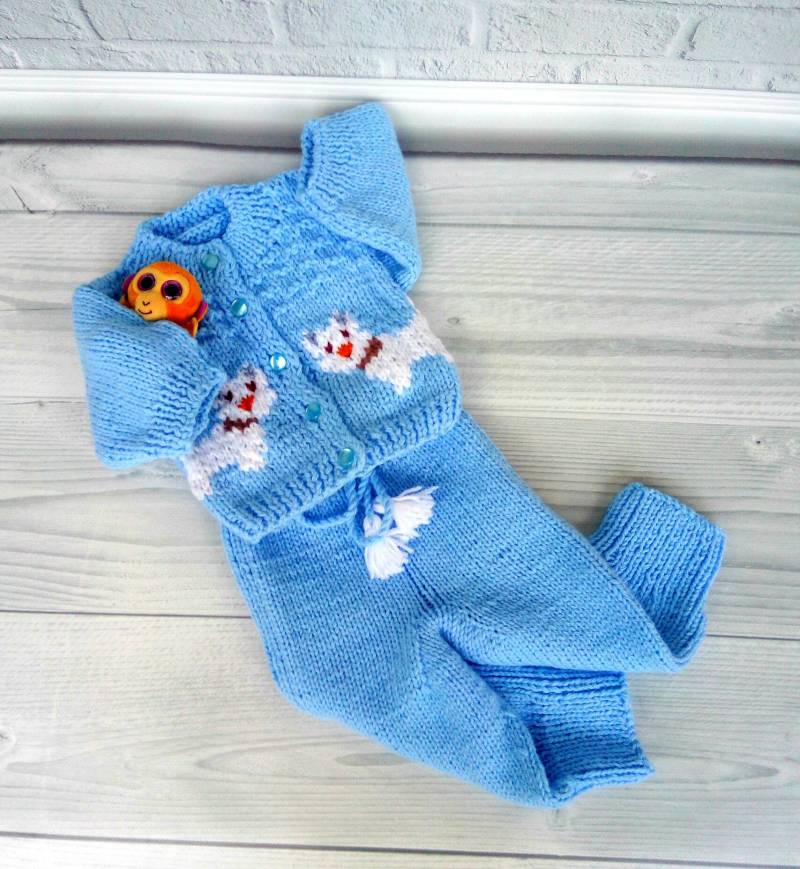 Kaschmir Wolle Blau Baby Jacke Und Hose Knit Puppy Set Weicher Gehäkelter Babypullover Neugeborene Geschenk Warmes 0-24 Monate von MimiAnnaKnitting
