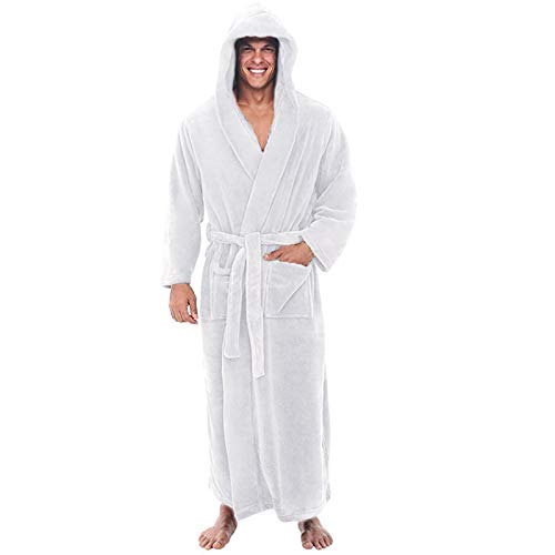 Mimihuhu Herren Bademantel Monza mit Kapuze Morgenmantel flauschig Nachtwäsche aus edler Mikrofaser Kimono mit Sechs Farb- & Größenauswahl S - 5XL Bath-Robe (Weiß,5XL) von Mimihuhu