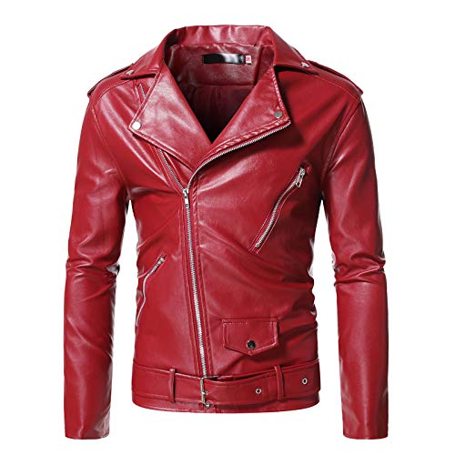 Mimihuhu Herren Reißverschluss Lederjacke Kunstleder Bikerjacke Dünn Winterjacke Vintage Fliegerjacke für Männer (rot,5XL) von Mimihuhu