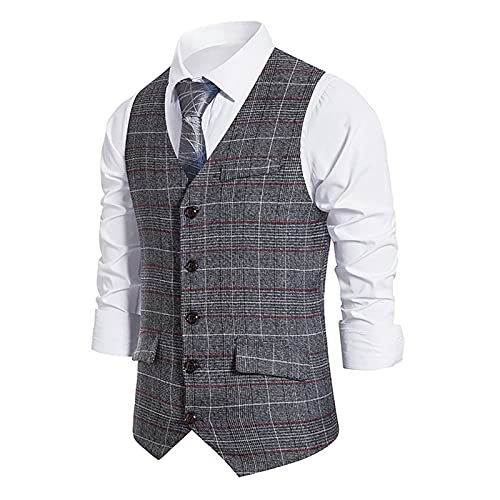 Mimihuhu Herren Retro Kariert Weste Anzug Slim Fit Anzugweste Männer Hochzeit Business Party Smoking Weste(Grau,XL) von Mimihuhu