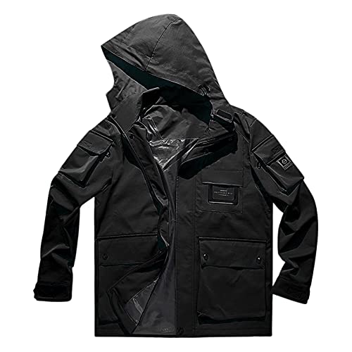 Mimihuhu Herren Übergröße Cargojacken mit Abnehmbarer Kapuze Übergangsjacke Herbst Wasserdicht Regenjacke Leichte Winterjacke Größe 4XL-8XL(Schwarz,7XL) von Mimihuhu