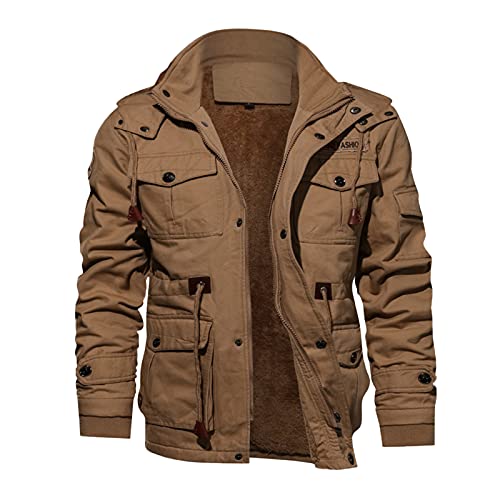 Mimihuhu Herren Wintermäntel mit Kaschmirfutter Cargojacken Männer Winter Warm Reißverschluss Wollmäntel Einfarbig Arbeitsjacke mit Vielen Taschen(Khaki,L) von Mimihuhu