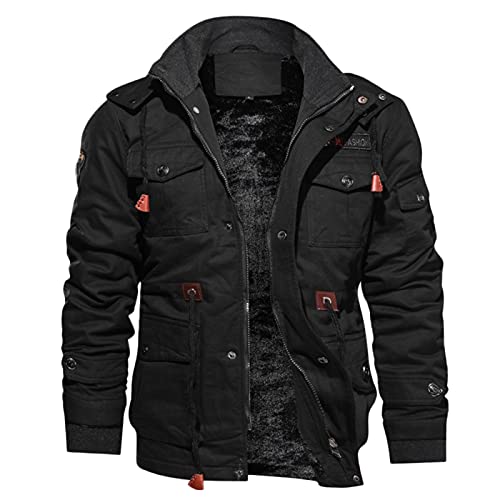 Mimihuhu Herren Wintermäntel mit Kaschmirfutter Cargojacken Männer Winter Warm Reißverschluss Wollmäntel Einfarbig Arbeitsjacke mit Vielen Taschen(Schwarz,3XL) von Mimihuhu