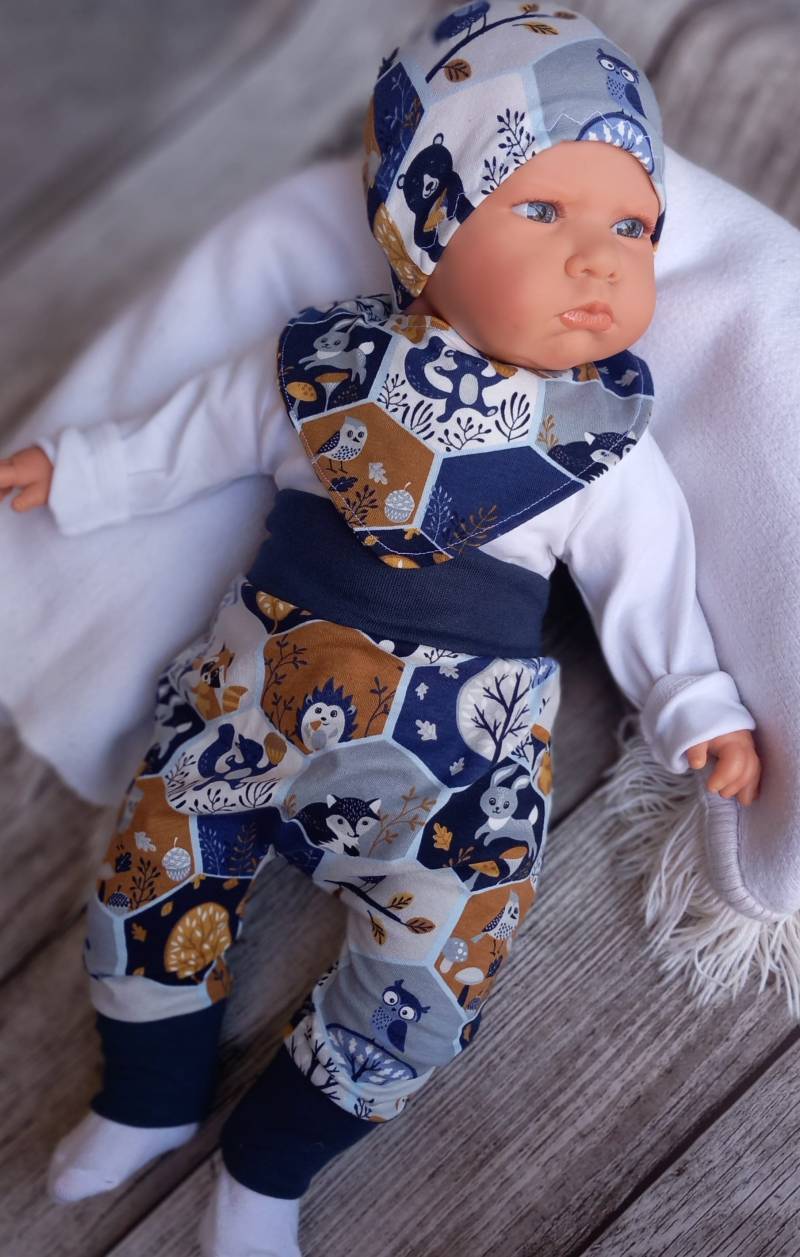 Baby Set Pumphose Mütze Halstuch Baggy Pants Waldtiere Junge Gr. 56 62 68 von Mimimimahandmade