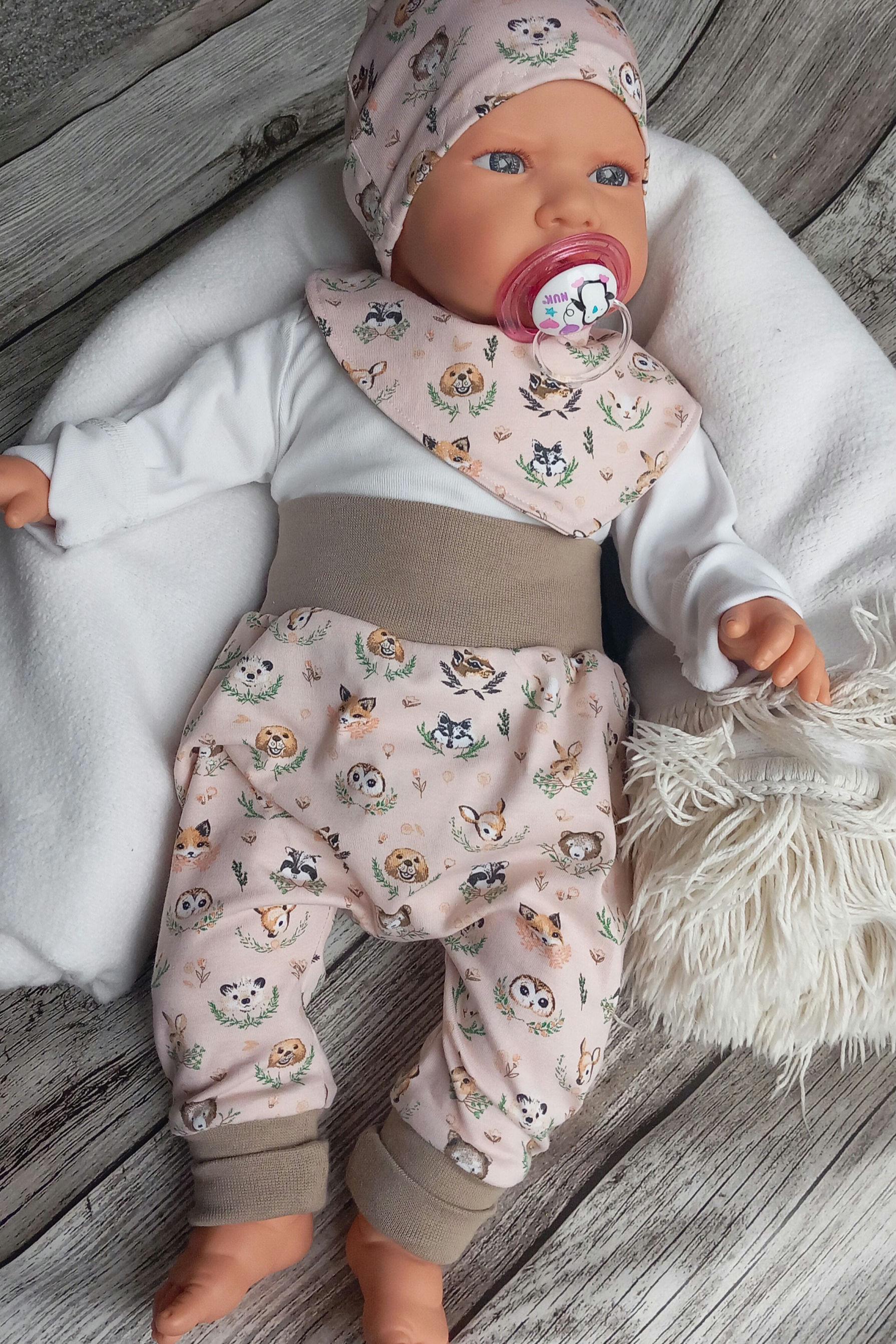 Baby Set Pumphose Mütze Halstuch Baggy Pants Waldtiere Mädchen Sommer Rosa Gr. 56 + 62 von Mimimimahandmade