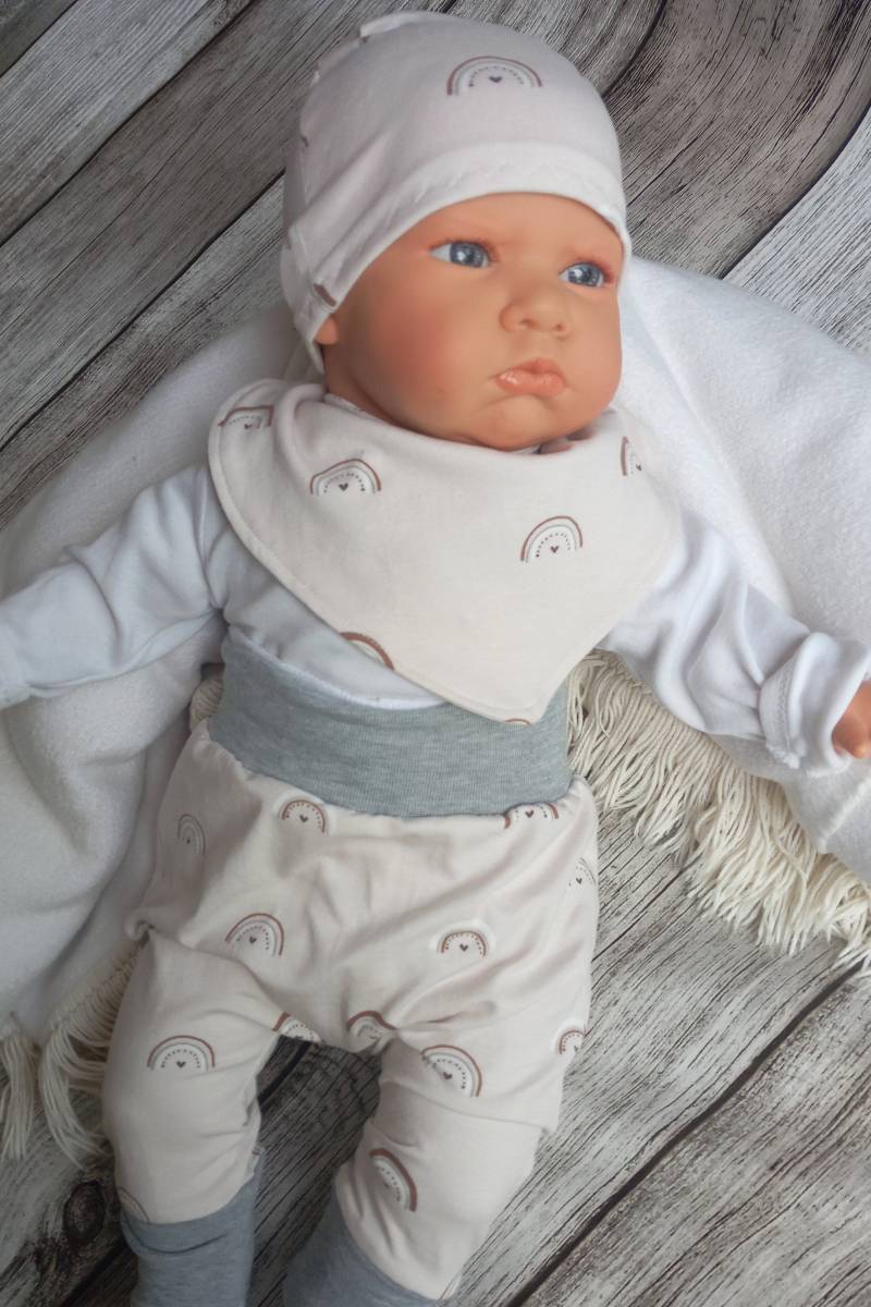 Baby Set Regenbogen Beige Creme Gr. 56 + 62 Pumphose Baggy Pants Mütze Halstuch Junge Mädchen Jersey von Mimimimahandmade
