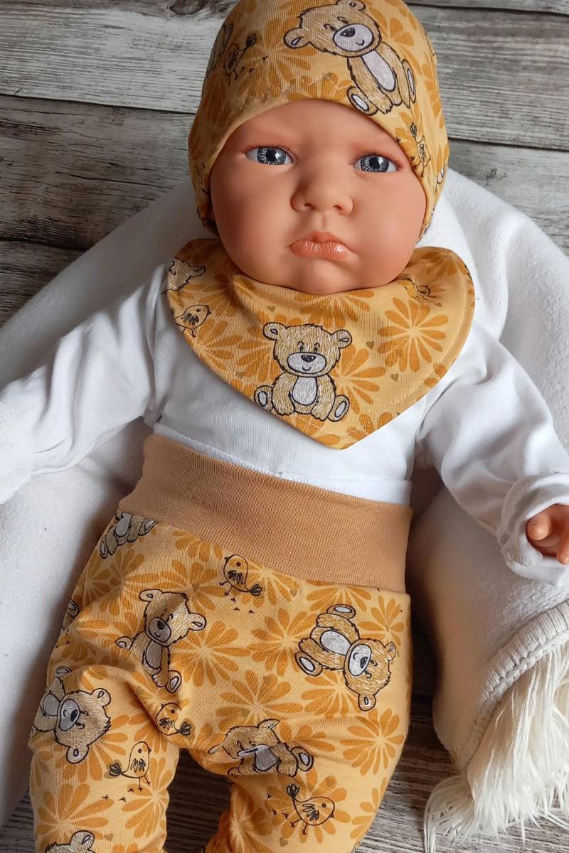 Set Baby Senf Mit Teddybär | Baggy Pants Hose, Halstuch Und Mütze Junge Mädchen 56 62 68 von Mimimimahandmade