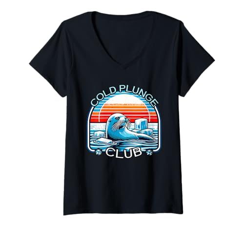 Damen Eisbaden Club mit Robbe und Sonnenuntergang Kryotherapie T-Shirt mit V-Ausschnitt Damen Eisbaden Club mit Robbe und Sonnenuntergang Kryotherapie T-Shirt mit V-Ausschnitt von Mimis Eisbaden Shop